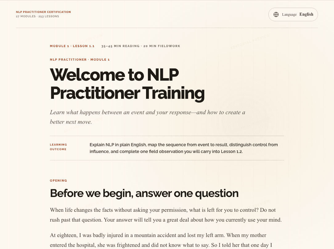 Actual NLP Practitioner lesson reader, showing the Lesson 1.1 title, learning outcome and opening passage